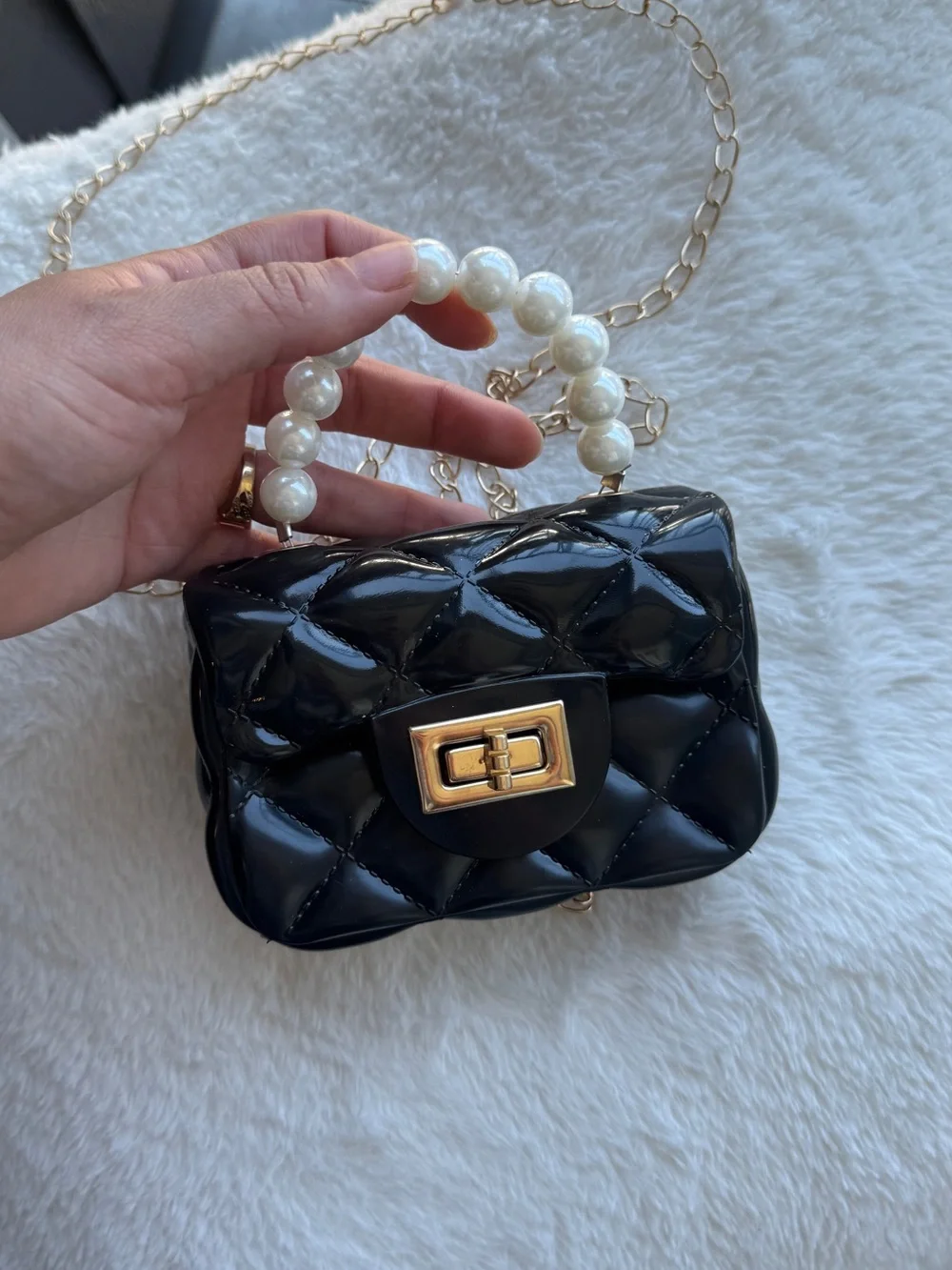 Black Quilted Pearl-Handle Crossbody Bag with Gold Chain